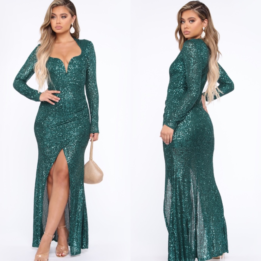 🆕Emerald green sequin long sleeve slit front gown